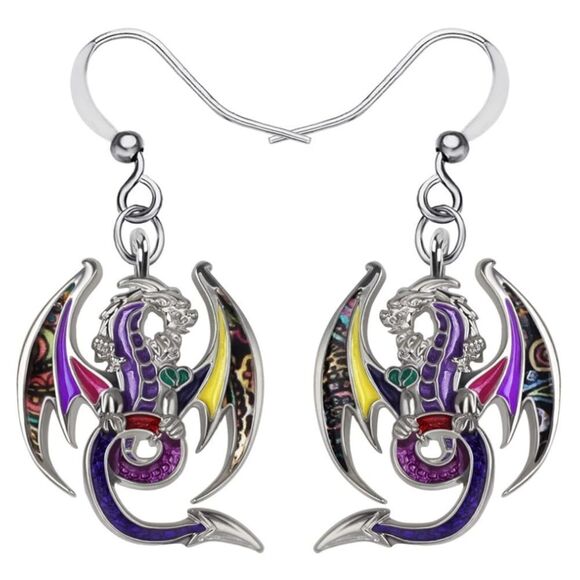 Silver and Multicolor Enamel Mythical Dragon Dangling French Wire Hook Earrings - Picture 1 of 5